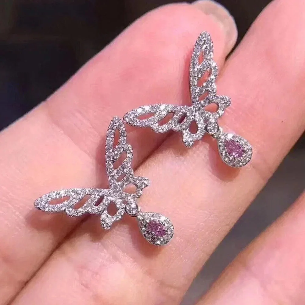 🍁Hollow Design Tear Drop Pink Butterfly Wings Earrings, MLNN1082 - Picture 2 of 4